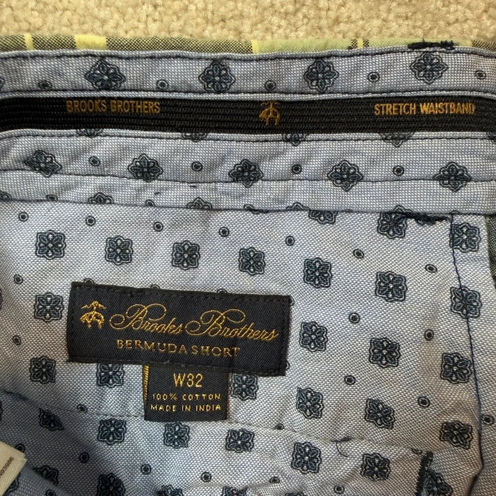 Brooks Brothers Bermuda Shorts Mens 32 Plaid Blue Green Cotton Stretch Waistband